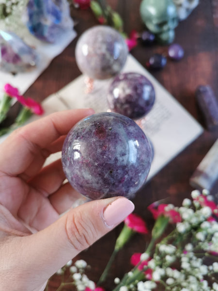 Unicorn Stone spheres - Pink tourmaline, lepidolite & smoky quartz