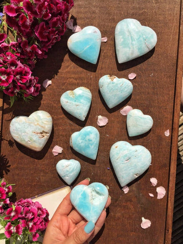 Rare hand carved Caribbean blue calcite hearts