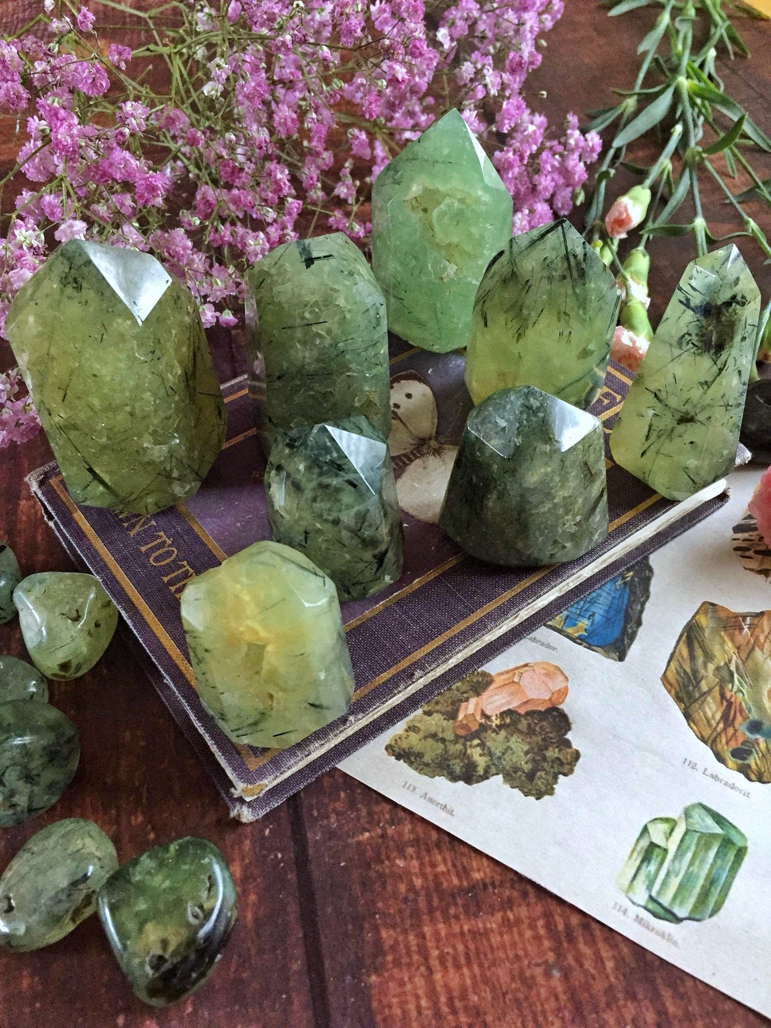 Natural shape polished Prehnite and epidote points