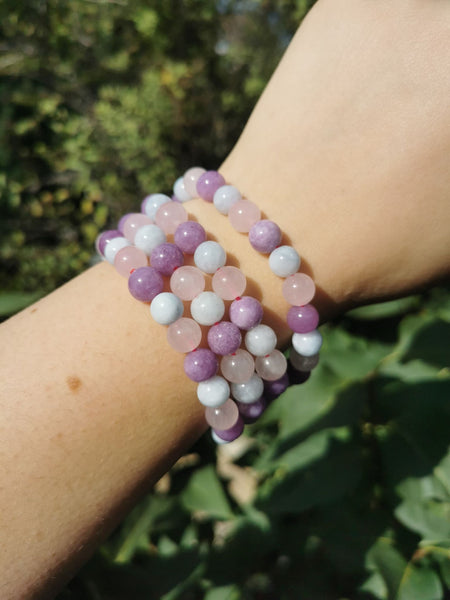 Lepidolite, rose quartz and aquamarine bracelets